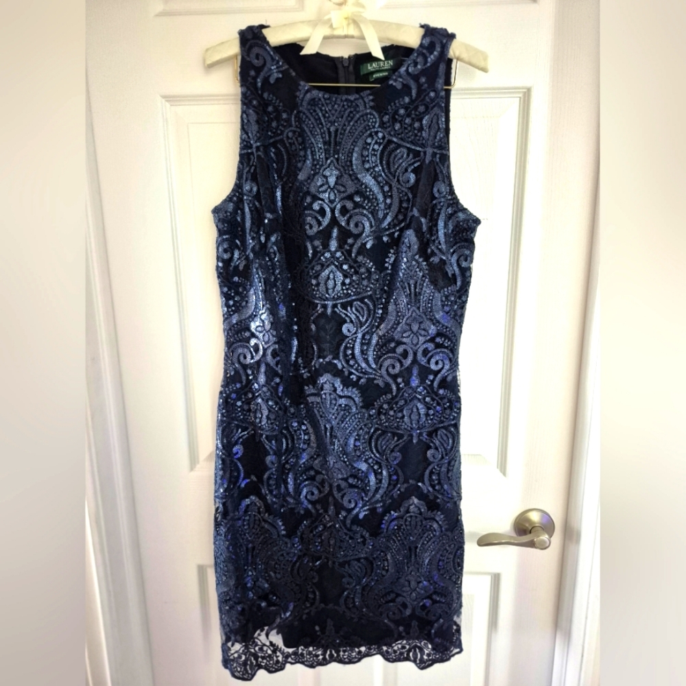Navy blue sequin Raulph Lauren Evening Dress. Size 12